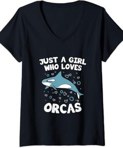 Womens Just A Girl Who Loves Orcas Funny killer whale orca V-Neck T-Shirt