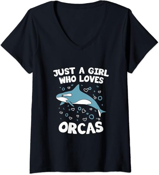 Womens Just A Girl Who Loves Orcas Funny killer whale orca V-Neck T-Shirt