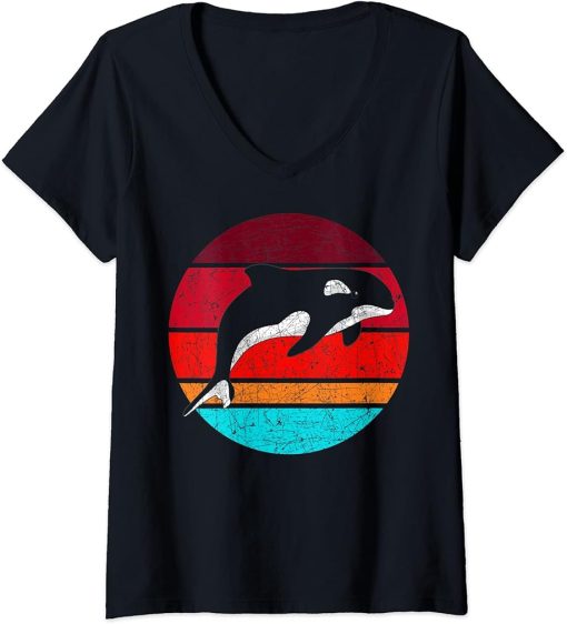 Womens Aquarium Ocean Animal Lover Aquarist Gift Whale Retro Orca V-Neck T-Shirt